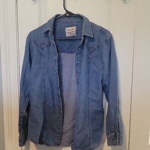 Vintage 80s Wrangler Western Shirt M Blue Denim Chambray Embroidered Button